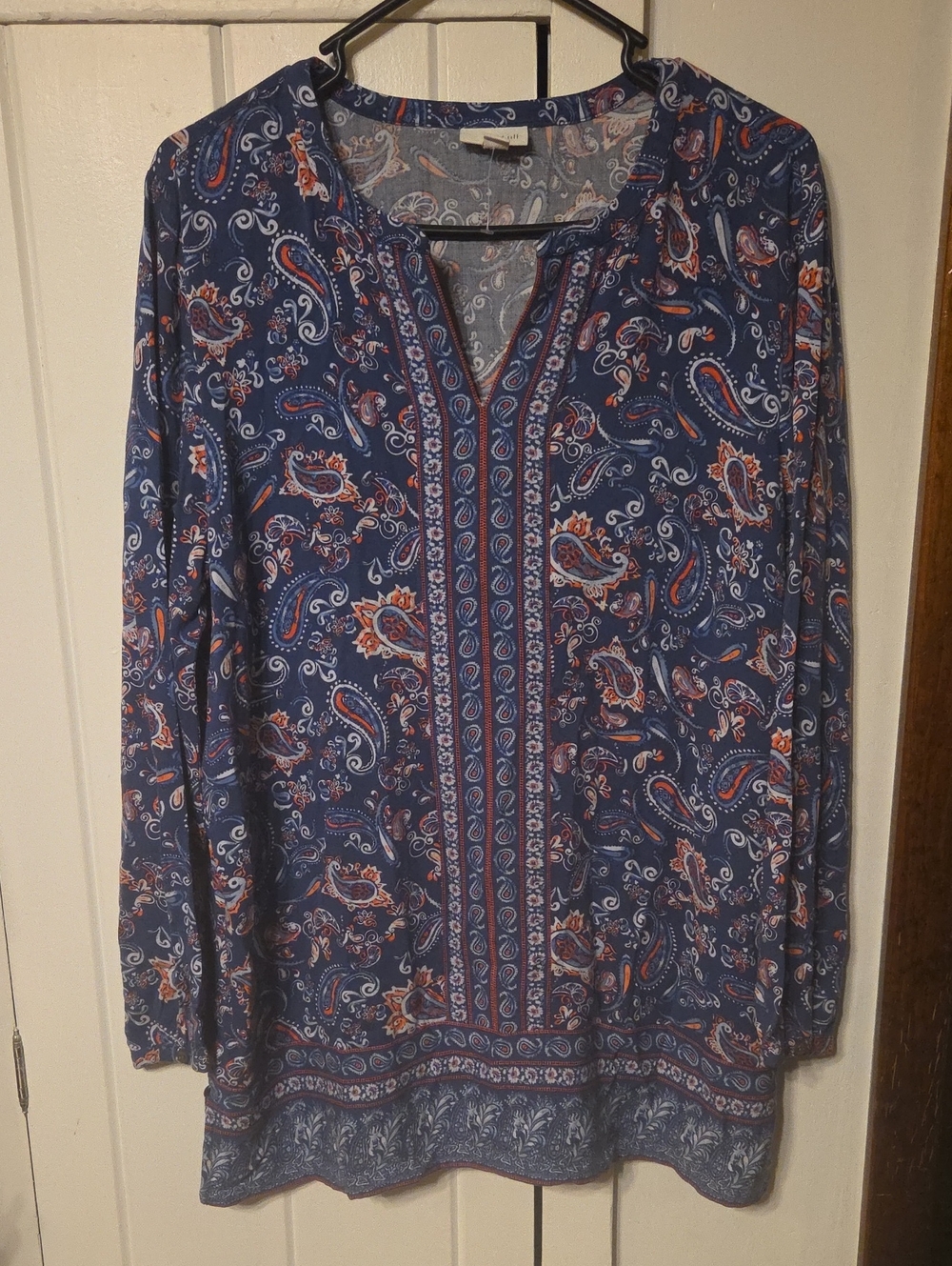 J. Jill Navy Paisley Long-Sleeve Tunic with Orange Accents